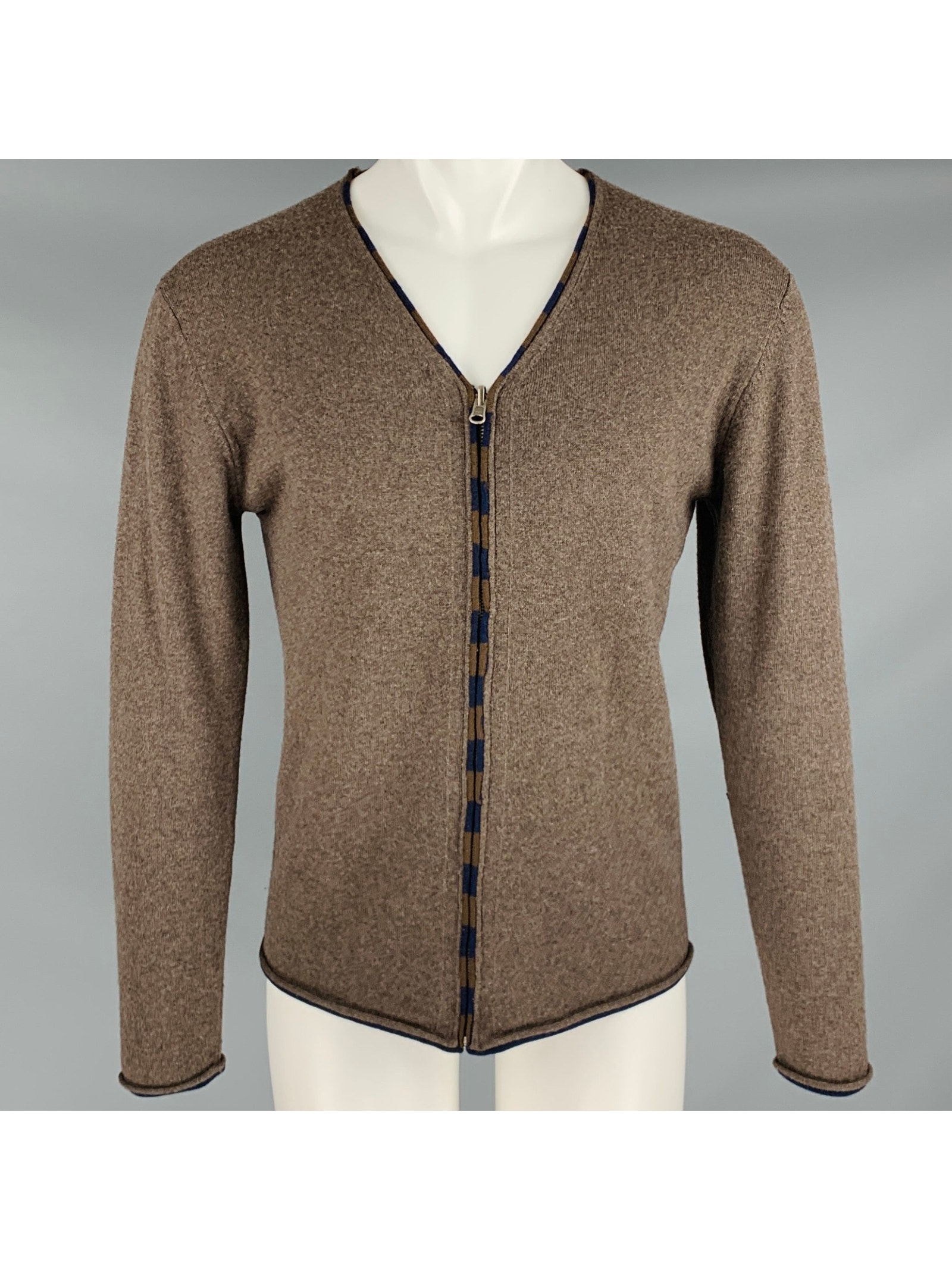 Yigal Azrouel Size M Brown Navy Stripe Wool Zip Up Cardigan